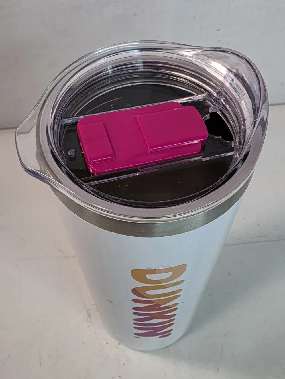 Dunkin' Donuts Classic 20 oz. white stainless steel hot/cold travel tumbler.